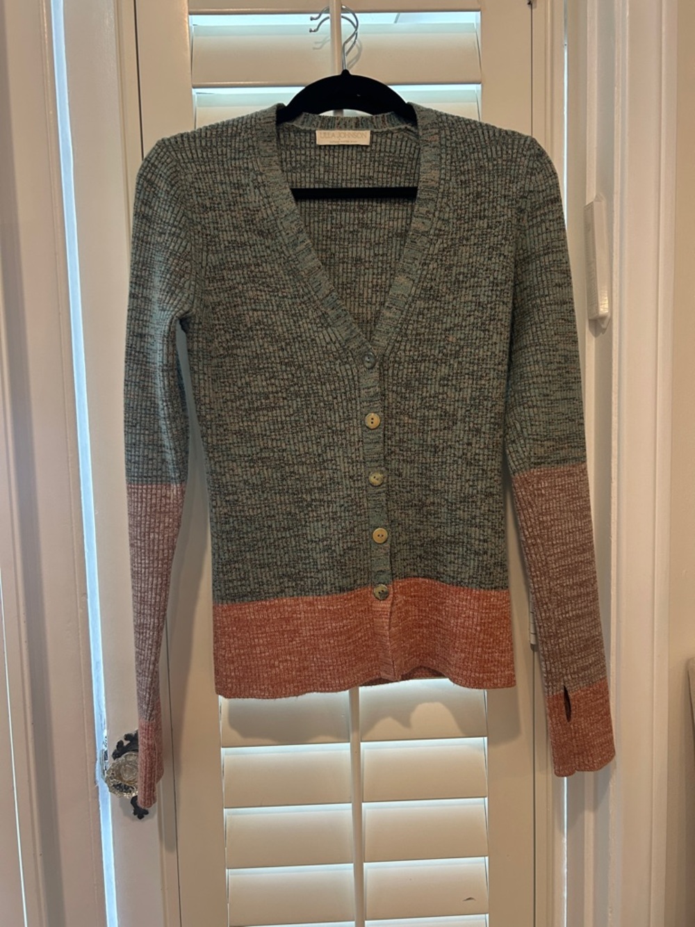 Ulla Johnson Teal and Dusty Rose Colorblock V-Neck Cardigan